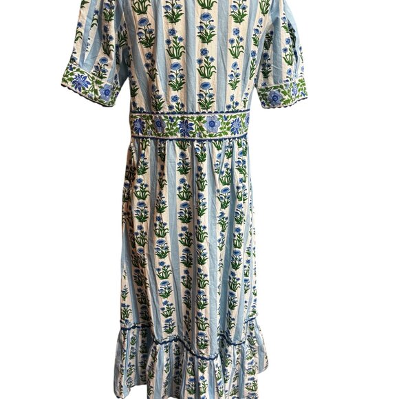 Pink City Prints Evelyn Dress Sky Lily Stripe Blue Floral Block Print Large - Picture 13 of 14